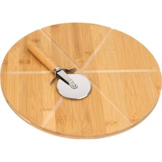 👉 Snijplank bamboe hout Ronde Pizza Snijplank/serveerplank Van 32 Cm Met Pizzames - Serveerplanken 8720276471435