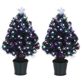 👉 Kerstboom multi fiber kunststof Set van 2x stuks optic kerstbomen/kunstbomen met verlichting en piek ster 60 cm