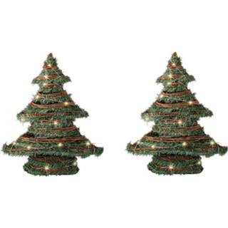 👉 Kerstboom groen 2x Stuks Kerstdecoratie Rotan Decoratie Met Verlichting H40 Cm - Kunstkerstboom 8720576185728