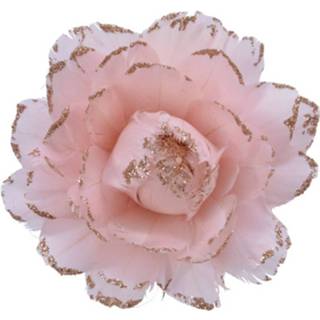 Roze kunststof active 1x stuks decoratie bloemen lichtroze met veertjes op clip 11 cm
