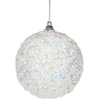 👉 Kerstbal wit blauw kunststof Dickensville Glitter 8 Cm Wit/blauw 8712953840795