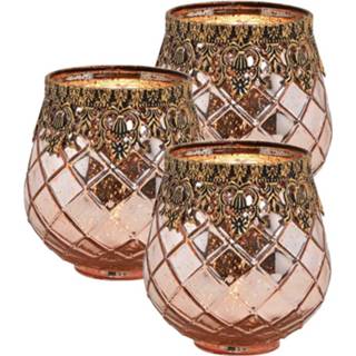 👉 Windlicht rose goud Set Van 3x Stuks Glazen Design Windlicht/kaarsenhouder 13 X 14 Cm - Waxinelichtjeshouders 8720576205365