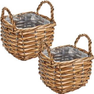 Plantenbak mannen Set Van 2x Stuks Bloempotten/plantenbakken Riet/rotan Mand Met Handvaten Vierkant 15 X 14 Cm - Plantenbakken 8720576437988