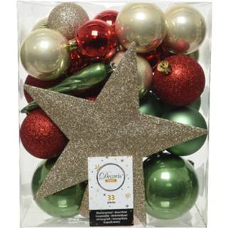 👉 Kerstbal kunststof active rood 33x stuks kerstballen met ster piek parel/rood/saliegroen (sage)