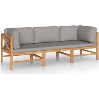 👉 Tuinbank grijze teakhout Vidaxl 3-zits Met Kussens Massief 8720286703816