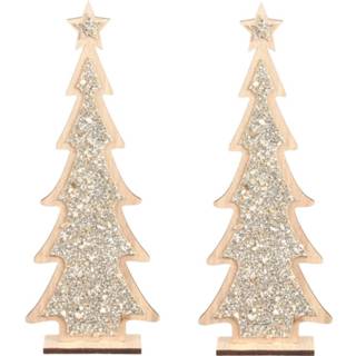 👉 Kerstboom houten zilver 2x Stuks Kerstdecoratie Glitter 35,5 Cm Decoratie Kerstbomen - Kunstkerstboom 8720576184134