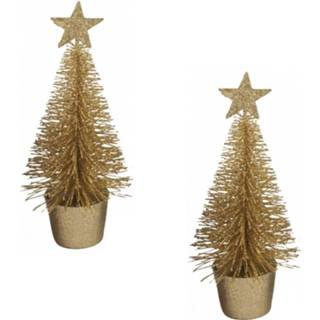 👉 Kerstboom goud klein 2x Stuks Kerstboompje 15 Cm Kerstdecoratie/kerstversiering - Kunstkerstboom 8720276350273