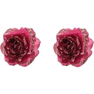 👉 Roze 2x Stuks Decoratie Bloemen Roos Framboos (Magnolia) Glitter Op Clip 14 Cm - Kersthangers 8720576205693