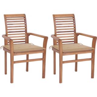 👉 Eetkamerstoel beige teakhout Vidaxl Eetkamerstoelen 2 St Met Kussens Massief 8720286265222