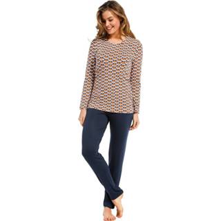 👉 Oranje oker, blauw-wit nachthemd met lange mouwen met classy all-over 'geometric macro art' patroon en lange blauwe broek