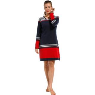 👉 Rood, wit & donkerblauw damesnachthemd met lange mouwen van katoen-interlock met populair 'horizontal eden stripes' patroon