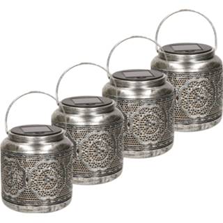 👉 Lantaarn metaal 4x stuks solar met patroon antiek zilver 16 cm