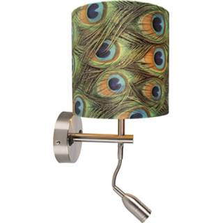 👉 Moderne wandlamp staal velours goud One Size groen met leeslamp en kap 20/20/20 pauw - 8718881094569