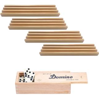 👉 Dominospel houten volwassenen 4x Dominostenenhouder met domino spel in doos 28x stenen