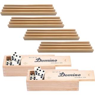 👉 Dominospel houten volwassenen 4x Dominostenenhouder met 2x domino spel in doos 56x stenen