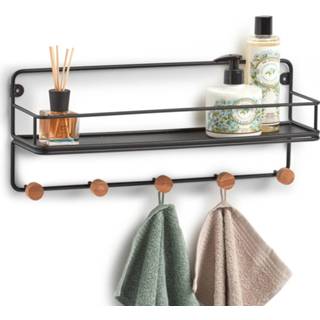 👉 Wandrek zwart metaal hout One Size met kapstokhaken metaal/hout 45 x 11,8 18 cm - Wandecoratie rekken 4003368189161