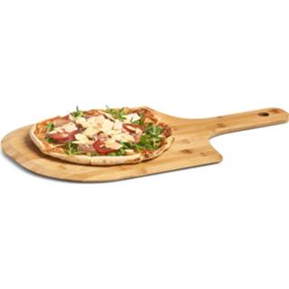 👉 Snijplank houten One Size bruin pizza snijplanken/pizzabord bord met handvat 53 cm - Inclusief messen set 8720576191071
