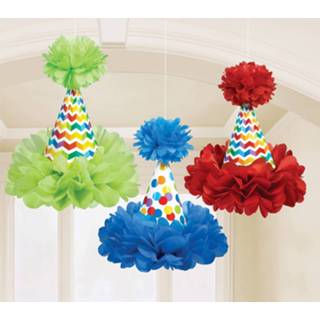 👉 Feesthoed multicolor karton One Size Color-Groen Amscan feesthoedjes pompoms 29,2 cm 3 stuks 13051581732