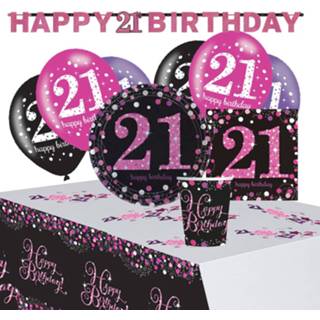 👉 Roze zwart vrouwen Amscan Partypakket Happy 21th Birthday Dames Roze/zwart 41-delig 194099001397