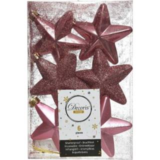 👉 6x Oud roze sterren kerstballen/kersthangers 7 cm - Glans/mat/glitter - Kerstboomversiering oud roze