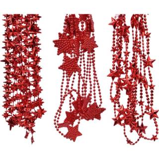 👉 Kerstversiering rode One Size rood Kerstboomversiering 3x kralenslingers met sterretjes 270 cm - Kerstversiering/kerstdecoratie kerstslingers 8720147785333