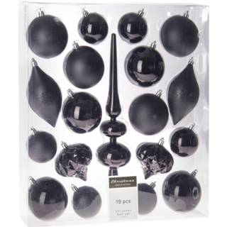 👉 Kerstbal kunststof active zwart Set 19-delig kerstballen/ornamenten met piek