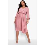 👉 Plus Geweven Geplooide Midi Skater Jurk Met Ruches, Rose