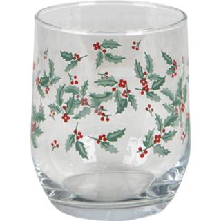 👉 Waterglas transparant glas Clayre & Eef Ø 8*9 Cm Hulstblaadjes Drinkbeker Drinkglas 8717459830240