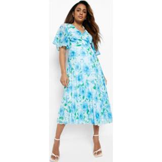 👉 Zwangerschap Geplooide Bloemen Midi Wikkel Skater Jurk, Blue