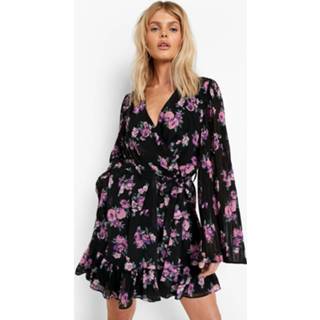 👉 Bloemen Skater Jurk Met Geplooide Mouwen En Ceintuur, Black