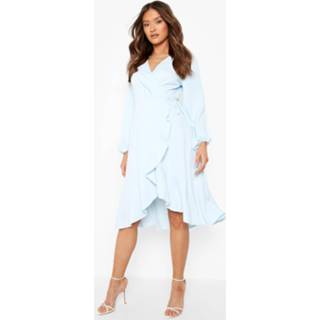 👉 Geweven Midi Wikkel Skater Jurk Met Ruches, Baby Blue