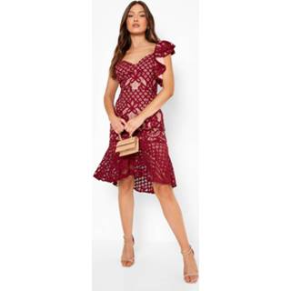 👉 Kanten Asymmetrische Midi Jurk Met Ruches, Berry