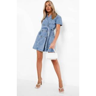 👉 Denim Blazer Jurk Met Ceintuur, Light Blue