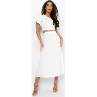 👉 Top Met Ruches En Eén Blote Schouder En Midi Rok Met Peplum Zoom, Ivory