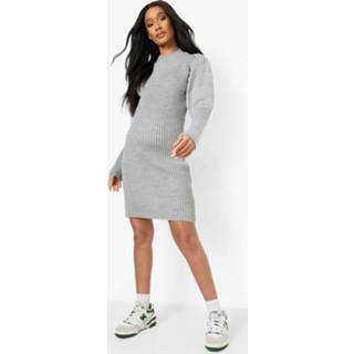 👉 Zwangerschap Gebreide Midi Jurk Met Pofmouwen, Grey Marl