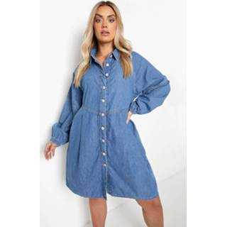 👉 Plus Gesmokte Chambray Blouse Jurk, Blue