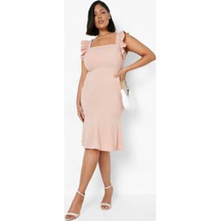 👉 Plus Peplum Midi Jurk Met Ruches En Bandjes, Rose