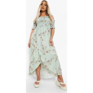 👉 Plus Bloemenprint Off Shoulder Maxi Jurk, Sage