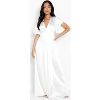 👉 Petite Satijnen Maxi Wikkel Jurk Met Engelenmouwen, White