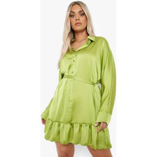 👉 Plus Satijnen Blouse Jurk Met Ceintuur En Geplooide Zoom, Olive