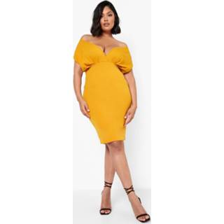 👉 Plus Off Shoulder Midi Jurk Met Ceintuur, Mustard