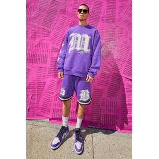 👉 Oversized M Varsity Trainingspak Met Shorts En Badge, Purple