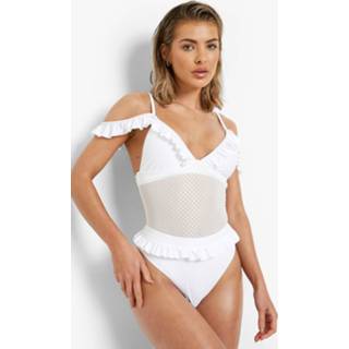 👉 Hoog Badpak Met Stippen En Franjes, White