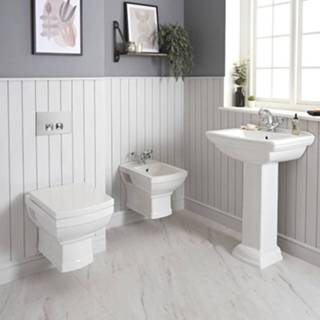 👉 Badkamerset wit Klassiek - Hangend Toilet, Bidet en Wastafel met Zuil Keuze uit 1 of 2 Kraangaten | Chester 5051752766664