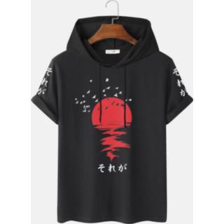 👉 Short sleeve rood polyester s male zwart Mens Red Sun Japanese Print Drawstring Hooded T-Shirts