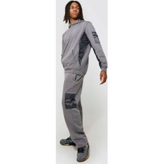 👉 Oversized Nylon Panel Cargo Hooded Tracksuit, Charcoal
