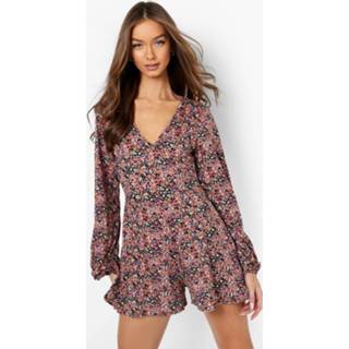 👉 Losse Bloemen Romper Met Lange Volume Mouwen, Pink