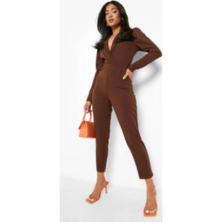 👉 Jumpsuit chocoladebruin Petite Skinny Fit Met Pofmouwen En Laag Decolleté, Chocolate