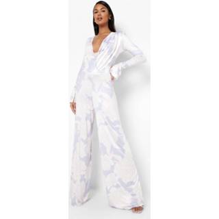 Strakke Wide Leg Bloemen Jumpsuit Met Waterval Hals, Lilac