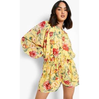 👉 Chiffon Doorknoop Bloemen Romper, Yellow